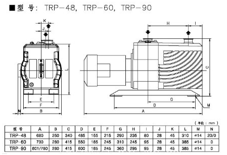 TRP系列直聯(lián)高速旋片式真空泵外型尺寸圖